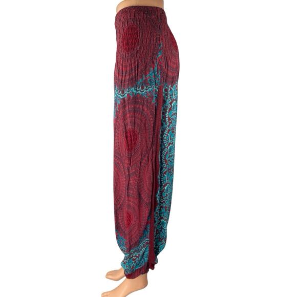 Women's Red Blue Floral Smocked Drapey Tapered Jogger Harem Pants One Size - Picture 2 of 5